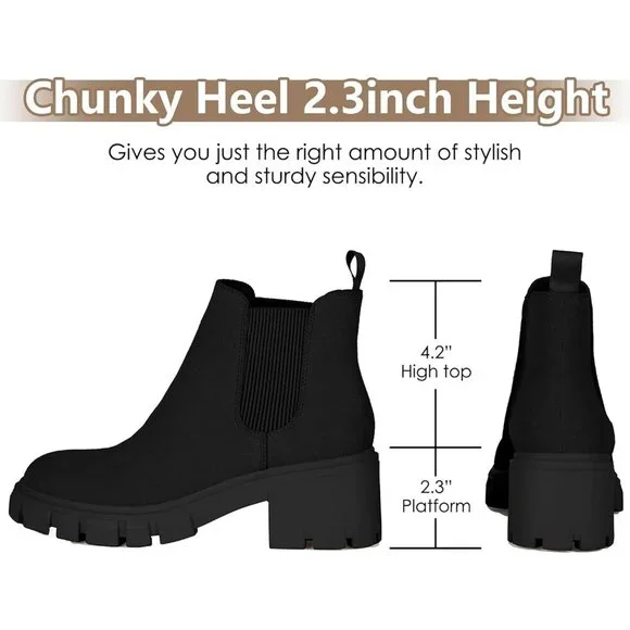 Women Chelsea Black Suede Boot Fashion Lug Sole Chunky Heel Slip On Ankle Bootie - Picture 3 of 6